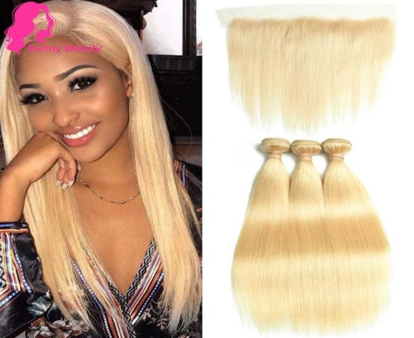 

613 blonde human hair bundles with ear to ear frontal brazilian straight hairs 3 bundles with 13x4 lace frontal closure 100 strig8866064, Black;brown
