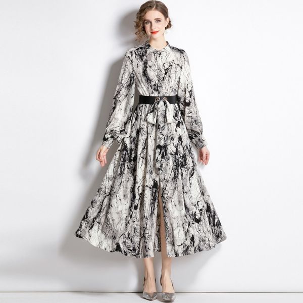 

2023 new summer european station fashion women's shirt skirt long sleeve single row button lace print dress, Black;gray