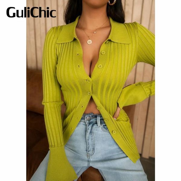 

sweaters 9.2 gulichic knitwear women new vintage turndown collar single breasted flare sleeve sweater cardigan, White;black
