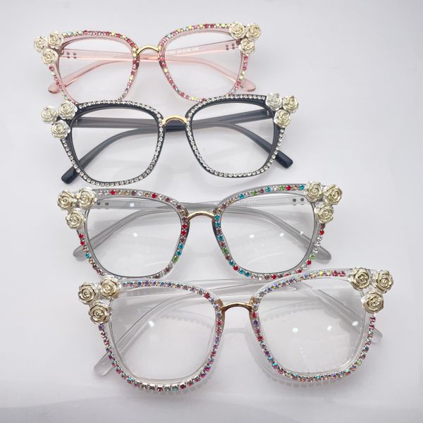 

new fashion daily use eyeglasses rhinestone decorative frame clear lens transparent lens office appointment pgraphy art pgraphy anti-blue le, White;black