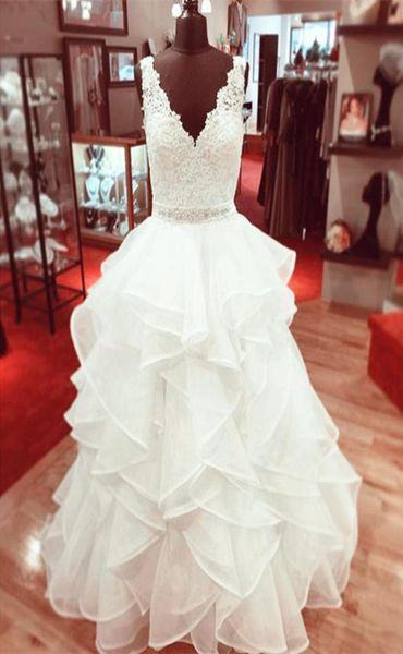 

fashion ruffles v neck ball gown wedding dresses plus size real po sheer straps lace applique crystal ribbon organza backless b1389062, White