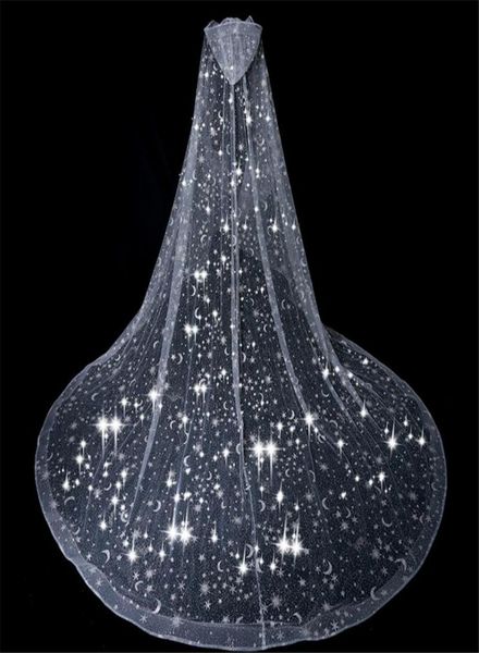 

bridal veils bling veil wedding cape white sparkly glittering stars moon long cathedral sequined shawl hooded for bride cloak1448706, Black