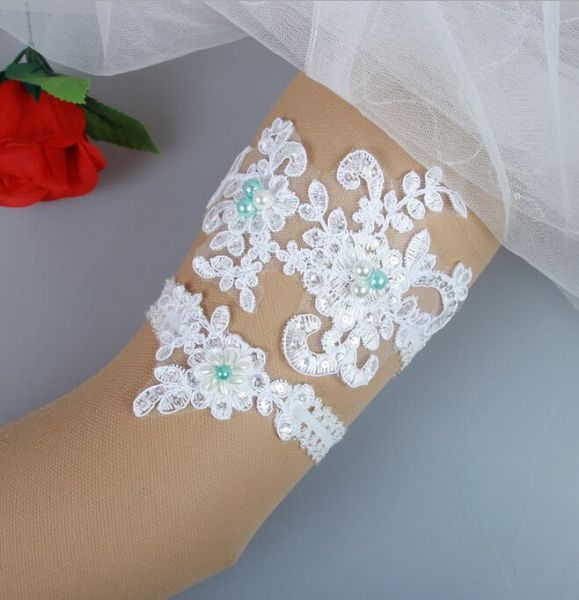 

new lace bridal garters wedding garters real picture appliques colorful pearls handmade wedding leg garters 110395, White