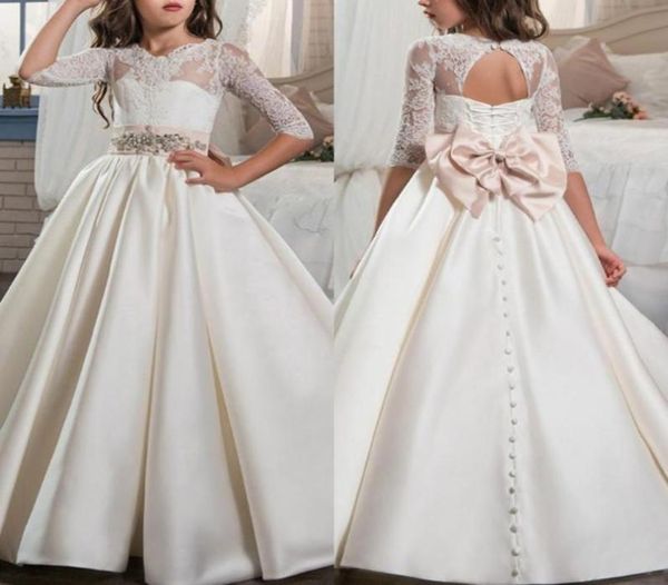 

elegant first holy communion pageant dress for girls with sleeves jewel neck lace open back satin flower girls dress with bow9922920, White;blue