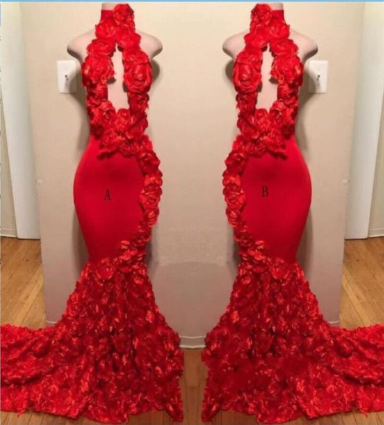 

red rose mermaid prom dresses new high neck appliques formal evening dresses sweep train cocktail party gowns 9990815, Black