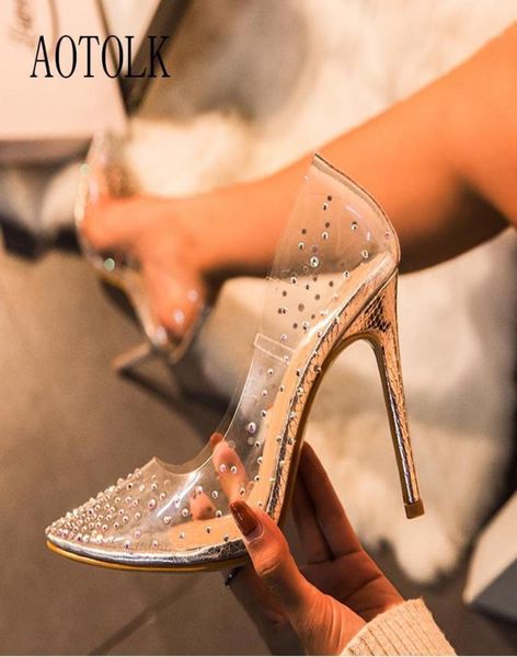 

women high heels jelly shoes lady summer pumps transparent diamond point toe thin high heels fashion party shoes plush size16153308, Black