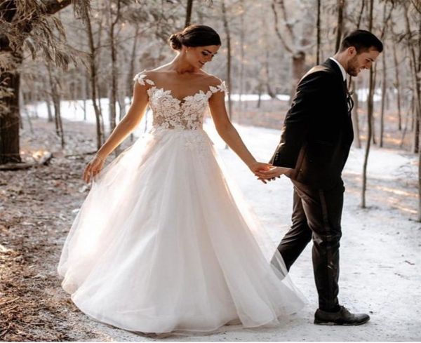 

2021 aline wedding dresses modest sheer neck lace bridal gowns backless full length tulle white beads4877684