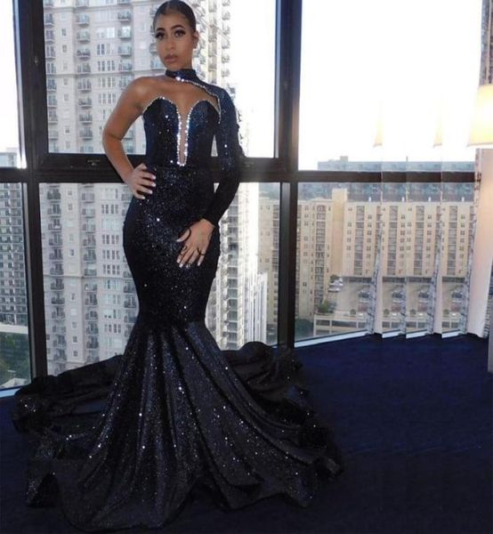 

black sequined mermaid prom dresses one long sleeve high neck crystal evening gown sweep train celebrity party dress8258665
