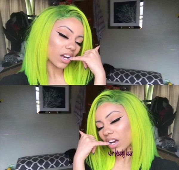 

9a side part brazilian full short lace front wigs fluorescent green synthetic bob wig for women blondebluepink red7875621, Black