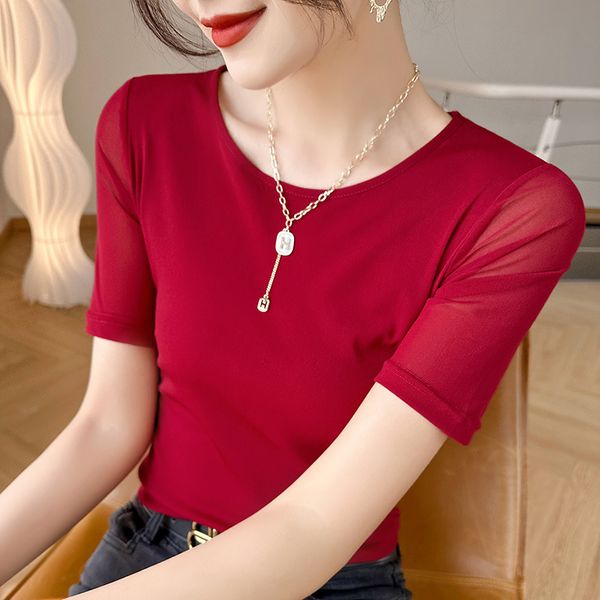 

Summer South Korean silk short sleeved t-shirt Women's round neck V-neck mulberry silk bottom shirt Inner layer top Real silk t-shirt Women's clothing, V-neck black