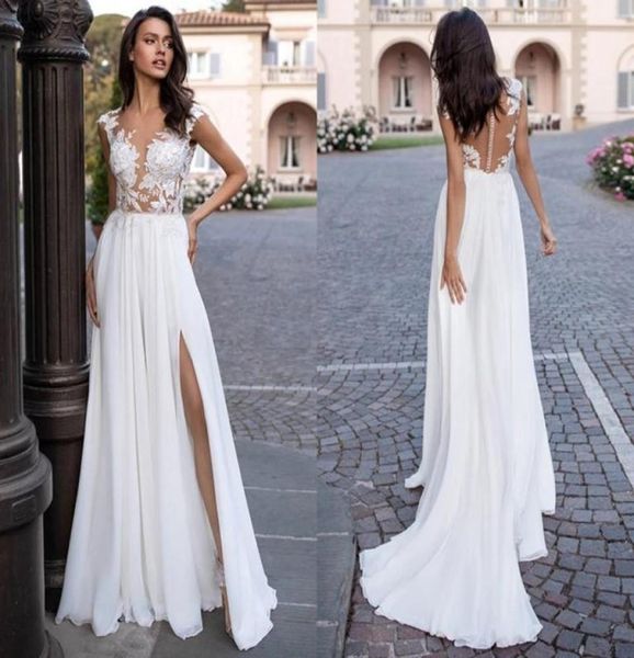 

summer beach boho wedding gowns jewel neck lace appliques cap sleeve bridal dress side slit sweep train chiffon a line robes 4764325, White