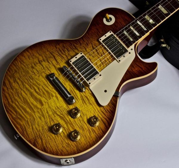 

1959 big fat flame maple amber brown sunburst electric guitar yellow body binding alnico pickups cream pickguard7393280