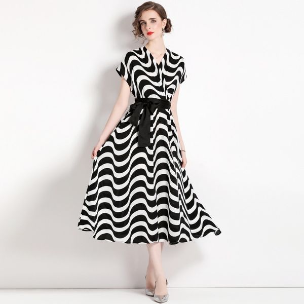 

2023 summer new item european station fashion women's pendulum skirt short sleeve v-neck tie black and white striped dress, Black;gray