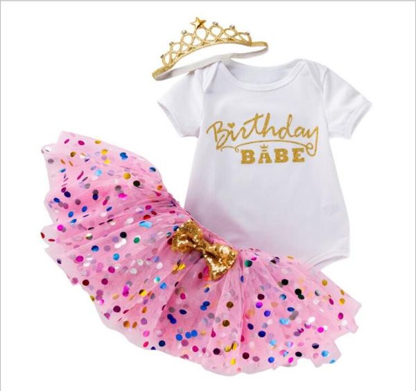 

new baby girl set 3pcs letter print romper dotted tutu skirt and crown headband clothes outfit for first birthday4814540, White