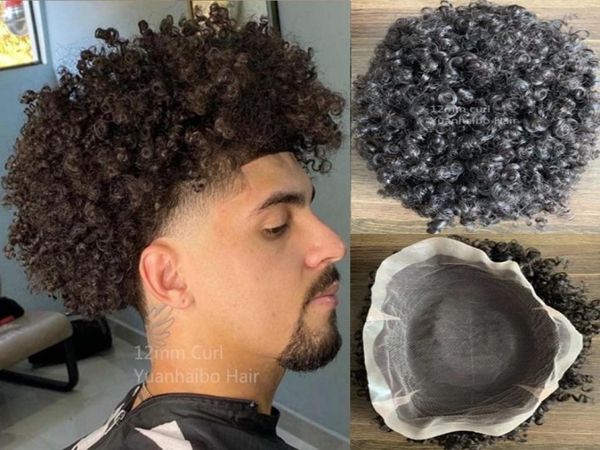 

15mm afro curl 1b full pu toupee mens wig indian remy human hair replacement 12mm curly lace unit for black men express delivery6267521