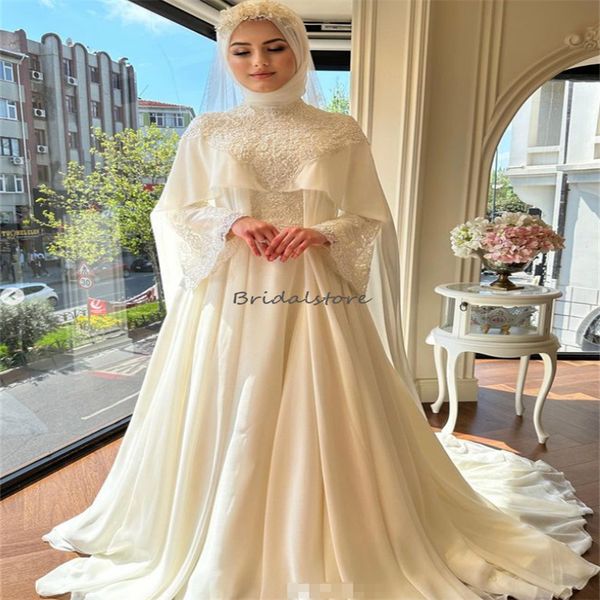 

luxury islamic muslim wedding dress with caped elegant long sleeve lace boho turkey moroccan dubai bridal gown arabic bride 2023 vestidos de, White