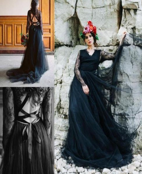 

v neck black tulle gothic country wedding dresses lace up backless wedding gowns lace long sleeves bride vestidos de novia7049558, White