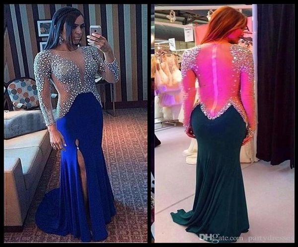 

mermaid beaded crystal see through back evening dresses vestido de festa longo 2017 royal blue chiffon long sleeve prom party6976257, Black;red