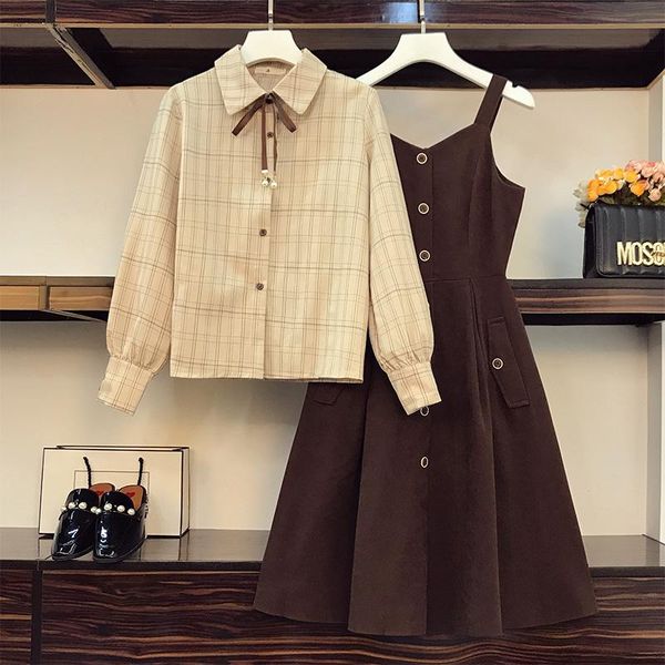 

dress 2022 new arrival autumn 2 piece set dress women plaid bow loose shirt + corduroy button suspender ball gown dresses suits, White