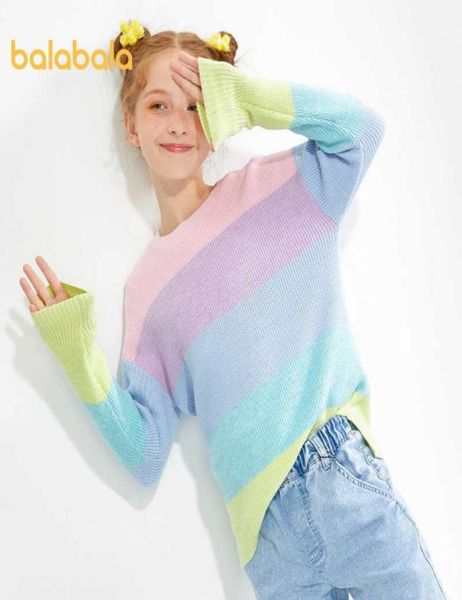 

balabala girls sweater children bottoming shirt spring clothes children clothing big children rainbow striped 2011094290225, Blue