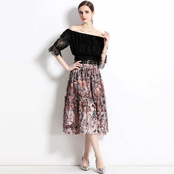 

2023 new summer european station fashion women's mid sleeve lace shirt print skirt suit skirt e009, Black;gray