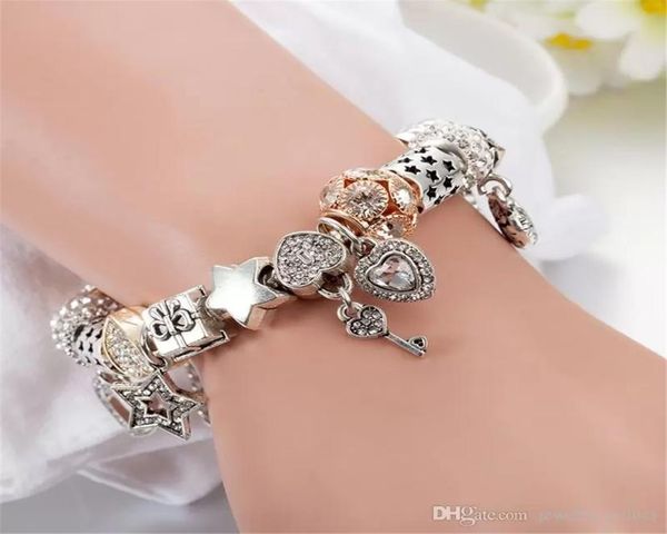 

925 silver charm bracelets plated heart charms pendant bracelet for pandora charm bracelets9227155, Golden;silver