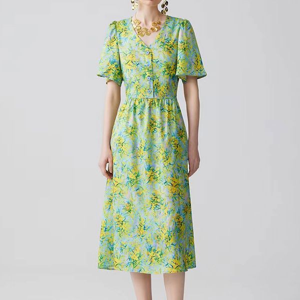 

2023 designer dress summer dress with a slim v-neck and floral dress for women, Black;gray