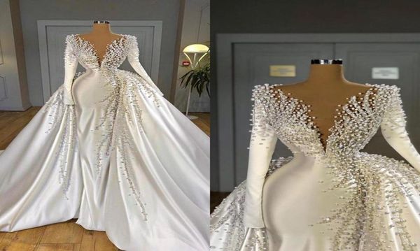 

2021 luxury pearls mermaid wedding dresses overskirt v neck satin long sleeve bridal gowns elegant wedding dress robes de mar1941936, White