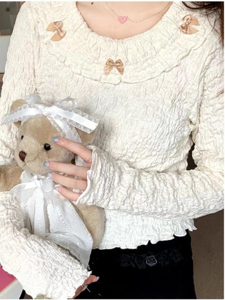 

t-shirt winter japanese kawaii blouse women long sleeve bow sweet chiffon female casual korean fashion designer y2k 2022 new, White