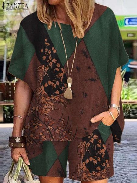 

dress zanzea women casual matching sets 2pcs vintage summer floral print short sets short sleeve blouse tracksuit oversize beach suits, White