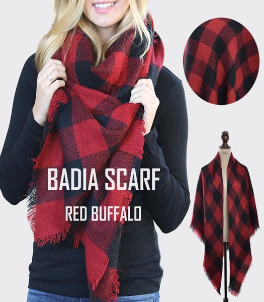 

winter women chic knit red buffalo plaid blanket scarf oversize warm acrylic check red and black blanket cape shawl s181019043535357, Blue;gray