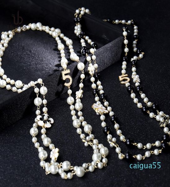 

fashion luxury designer classic flower elegant bright pearl multi layer long winter sweater statement necklace for woman7120293, Black