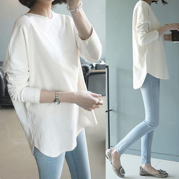 

t-shirt woman tshirts sweater long sleeve white tshirt women loose round collar in black ropa mujer camisetas