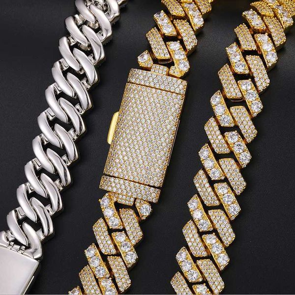 

dropshipping luxury 18mm gold plated 925 silver pass diamond tester vvs moissanite iced out cuban link chain necklace