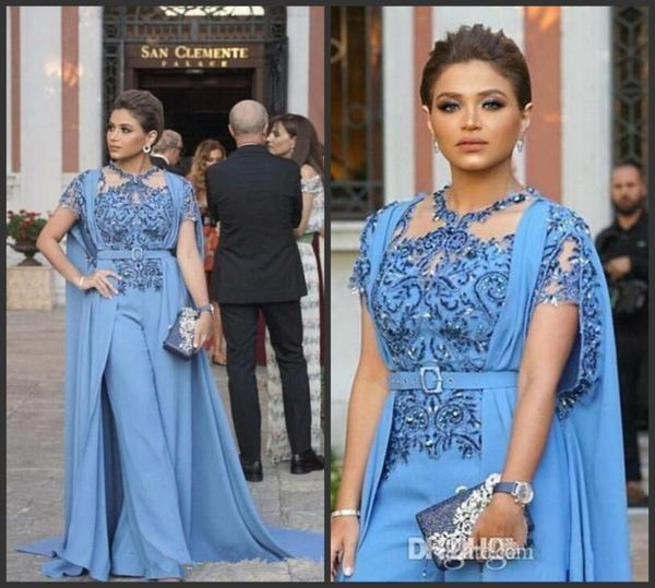 

2019 new elegant sheer short sleeves chiffon evening dresses pant suits capped applique beaded prom party gowns jumpsuit celebrity9354872, Black;red