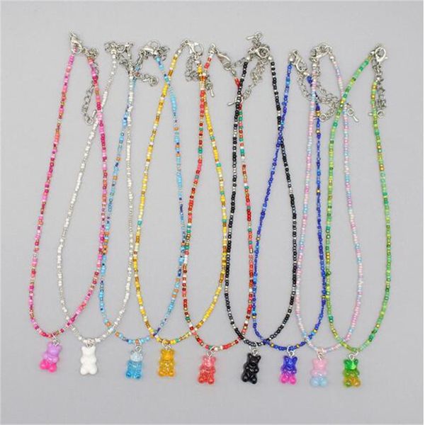 

gradient cute bears rice beads beaded necklace women's rope necklace charming colorful handmade bohemian corell women's jewelry gi, Silver