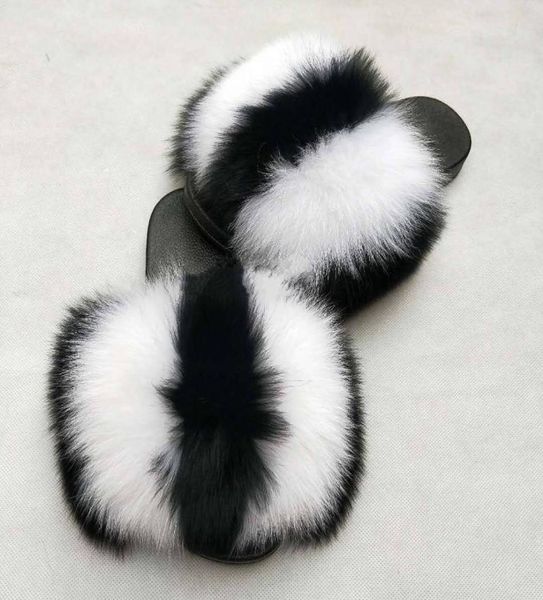 

summer fur slides cute plush fox slippers 100 real fox hair luxury fashion beach slippers size 36453007694, Black