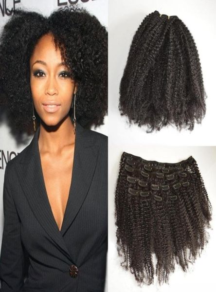 

2017 selling mongolian virgin remy hair hair afro kinky curly clip in human hair extensions full head set 7pcs a set geasy9898142, Black;brown