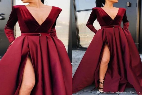

2020 burgundy deep v neck satin high split prom dresses a line long sleeves ruched evening gowns with pockets8428939, Black