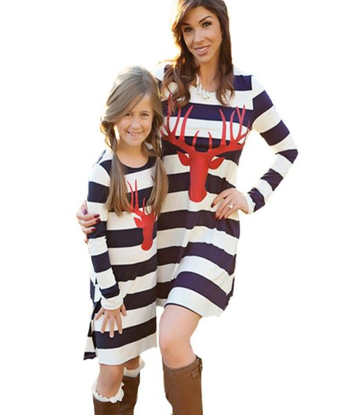 

mother and daughter clothes christmas deer pattern matching family clothing antlers sleeve striped mother and daughter dresses mom3496698, Blue