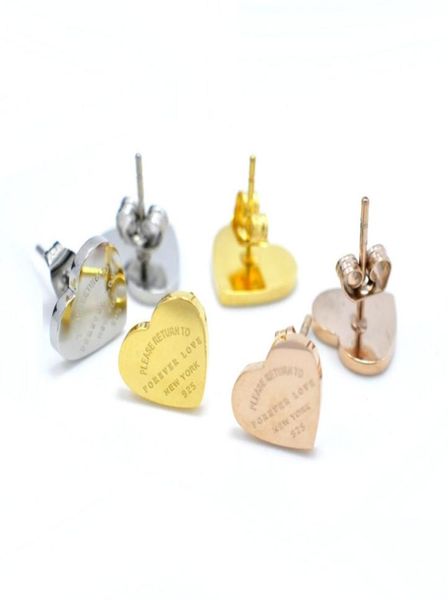 

high polished classic style women lover heart studs luxury titanium steel earrings logo printed wedding party gifts whole5004912, Golden;silver