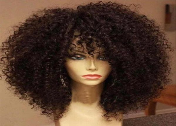 

afro kinky curly full naturel human hair wig with bang fringe 200density 4a 4b 4c kinki wigs brazilian 360 lace front natural div2360166, Black;brown