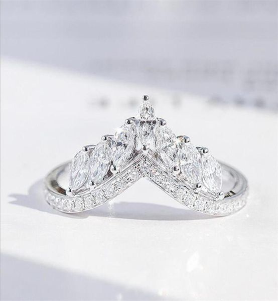 

size 610 luxury jewelry real 925 sterling silver crown ring full marquise cut white z cz diamond moissanite women wedding ban8452564, Slivery;golden