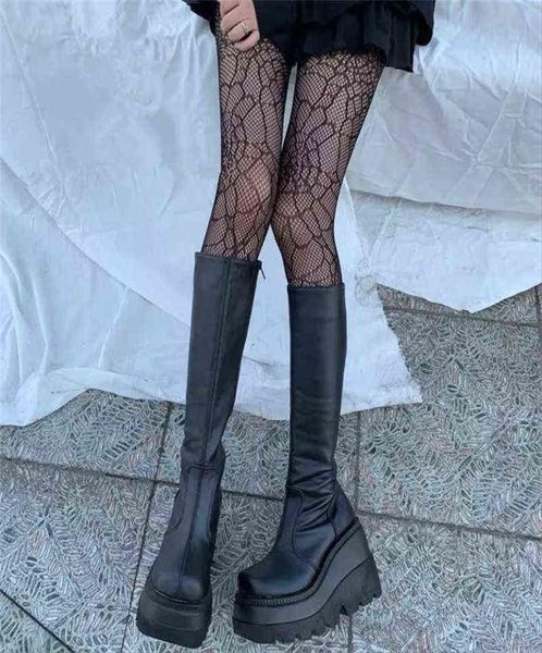 

boots women039s mid calf 2022 fashion female wedges shoes round toe zip solid demonia super high heel platform y22098777084, Black