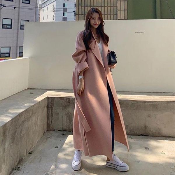 

fur pink cashmere coat women's 2022 new long fall/winter loose belt wool coat, Black