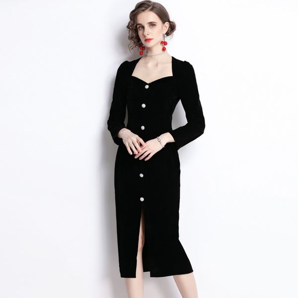 

2023 spring new item european station fashion women's skirt long sleeve square collar black velvet dress e208, Black;gray