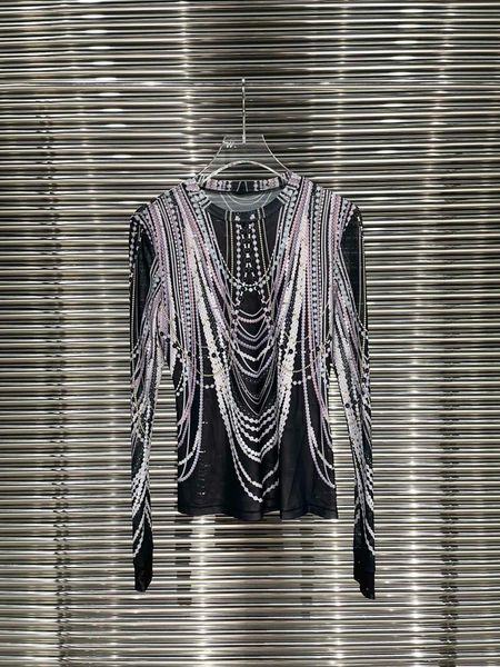 

women's blouses & shirts spring and summer european fashion designers design new printed chain mesh long sleeve top, White