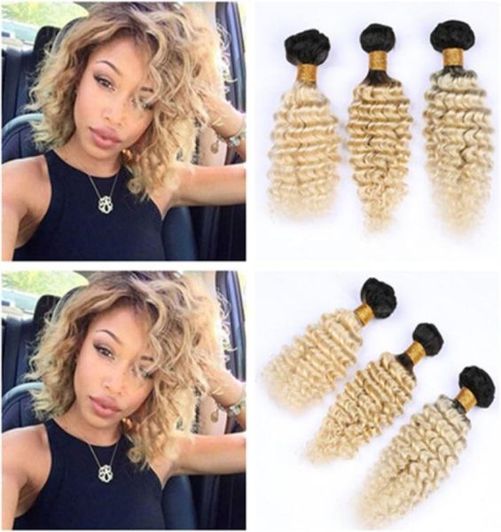 

1b613 blonde ombre deep wave brazilian human hair weave bundles 3pcs lot ombre blonde deep wave curly virgin hair wefts extensio2827205, Black