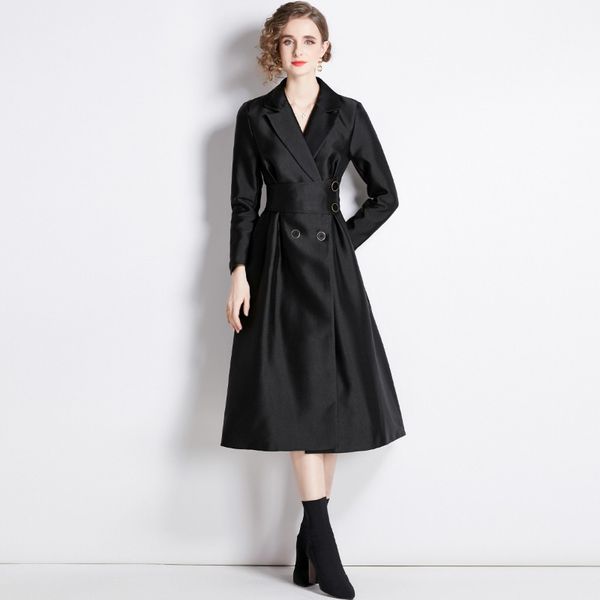 

2023 spring new item european station big brand women's a-line skirt long sleeve suit collar hepburn style coat dress e008, Black;gray