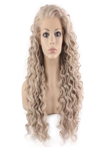 

long curly gray blond heat safe fiber hair lace front wig013657385, Black